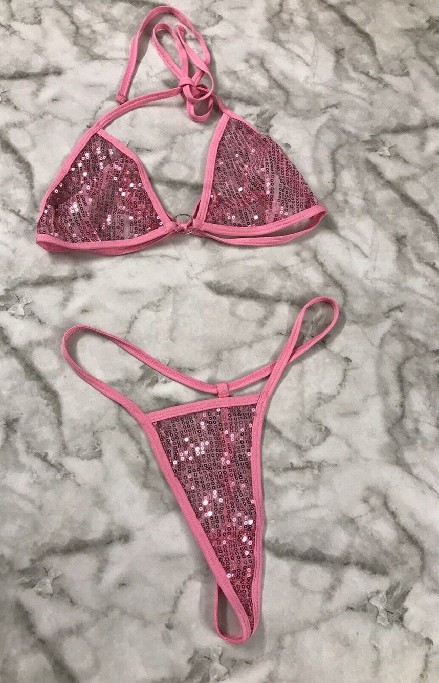 3 Piece Hot Pink Sequined Bra Panties, Skirt Exotic Dancer Lingerie Set Small